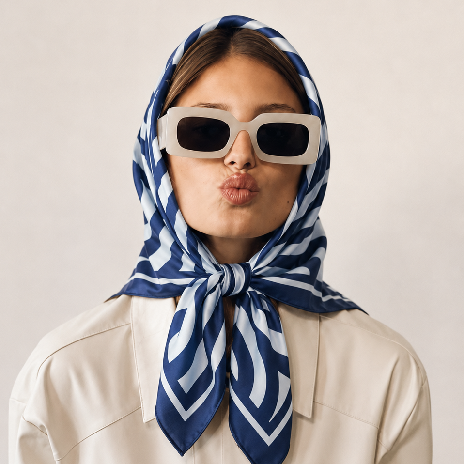 Model wearing apashka Disco Waves navy blue silk foulardas a headscarf tied under the chin, styled with retro cream sunglasses and a leather jacket.