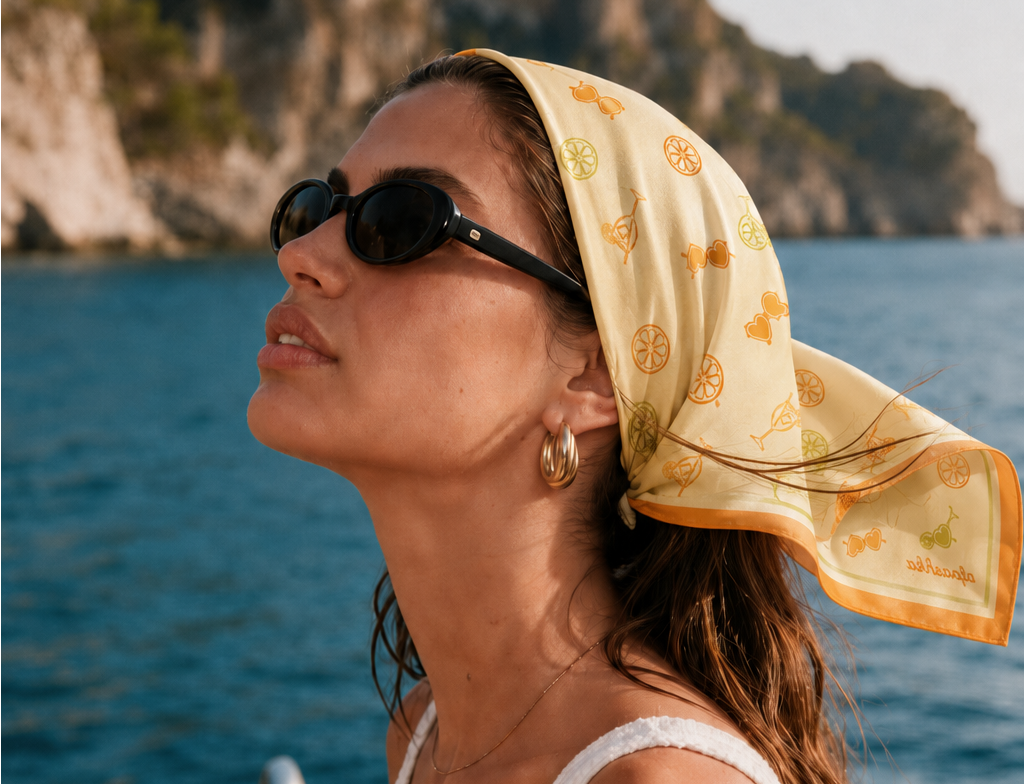 apashka Sole e Spritz 100% silk twill 45x45 cm bandana featuring a yellow background with orange spritz cocktail and citrus patterns and a bold orange border