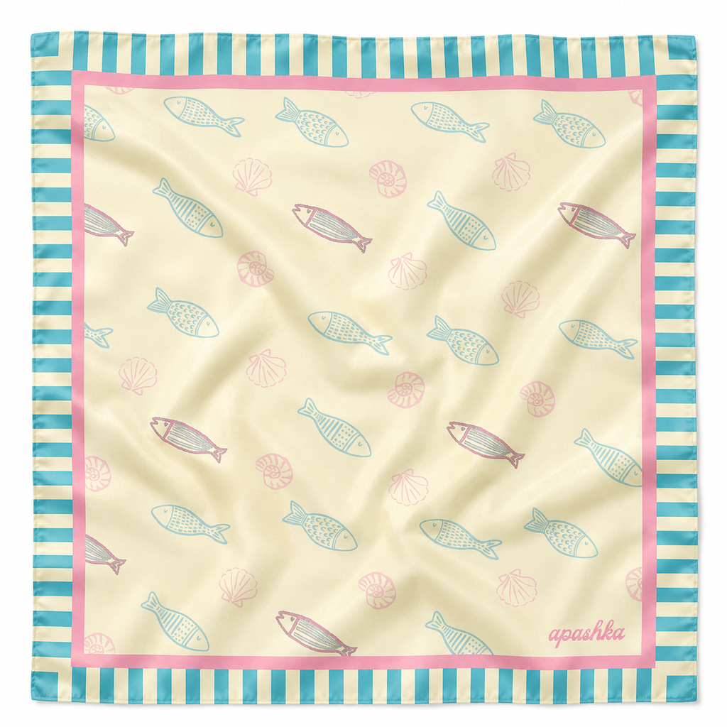 apashka Apashka Marina 100% silk twill 45x45 cm bandana with a cream fish and shell pattern and a turquoise stripe border.