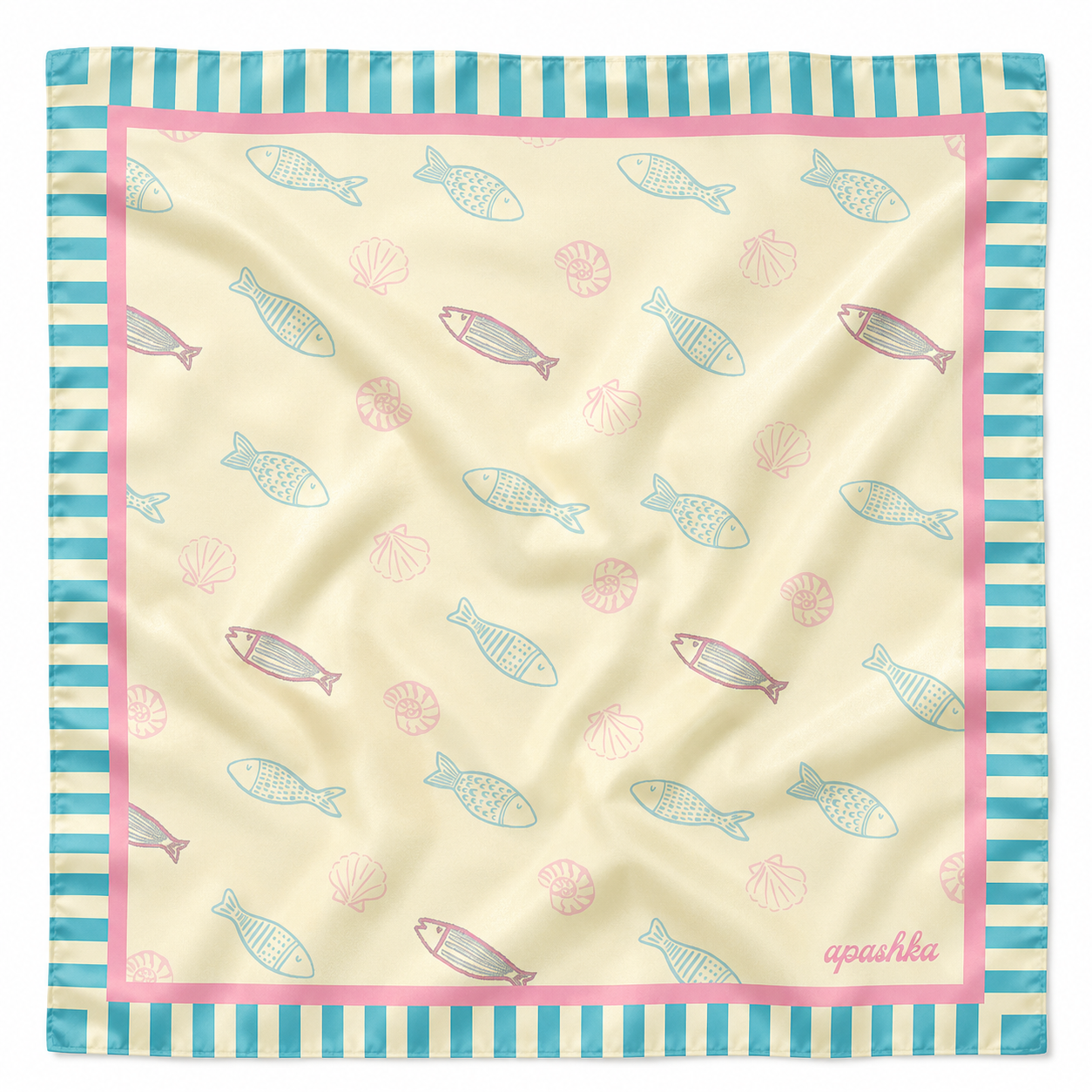 apashka Apashka Marina 100% silk twill 45x45 cm bandana with a cream fish and shell pattern and a turquoise stripe border.