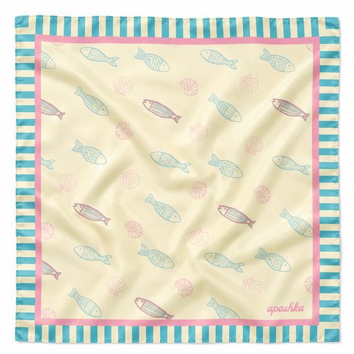 apashka Apashka Marina 100% silk twill 45x45 cm bandana with a cream fish and shell pattern and a turquoise stripe border.
