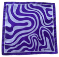 Flat, full-view layout of the apashka Acid Wave square silk scarf, displaying its trippy purple and lavender swirling wave pattern, solid border, and cursive brand logo in the corner.