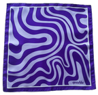 Flat, full-view layout of the apashka Acid Wave square silk scarf, displaying its trippy purple and lavender swirling wave pattern, solid border, and cursive brand logo in the corner.