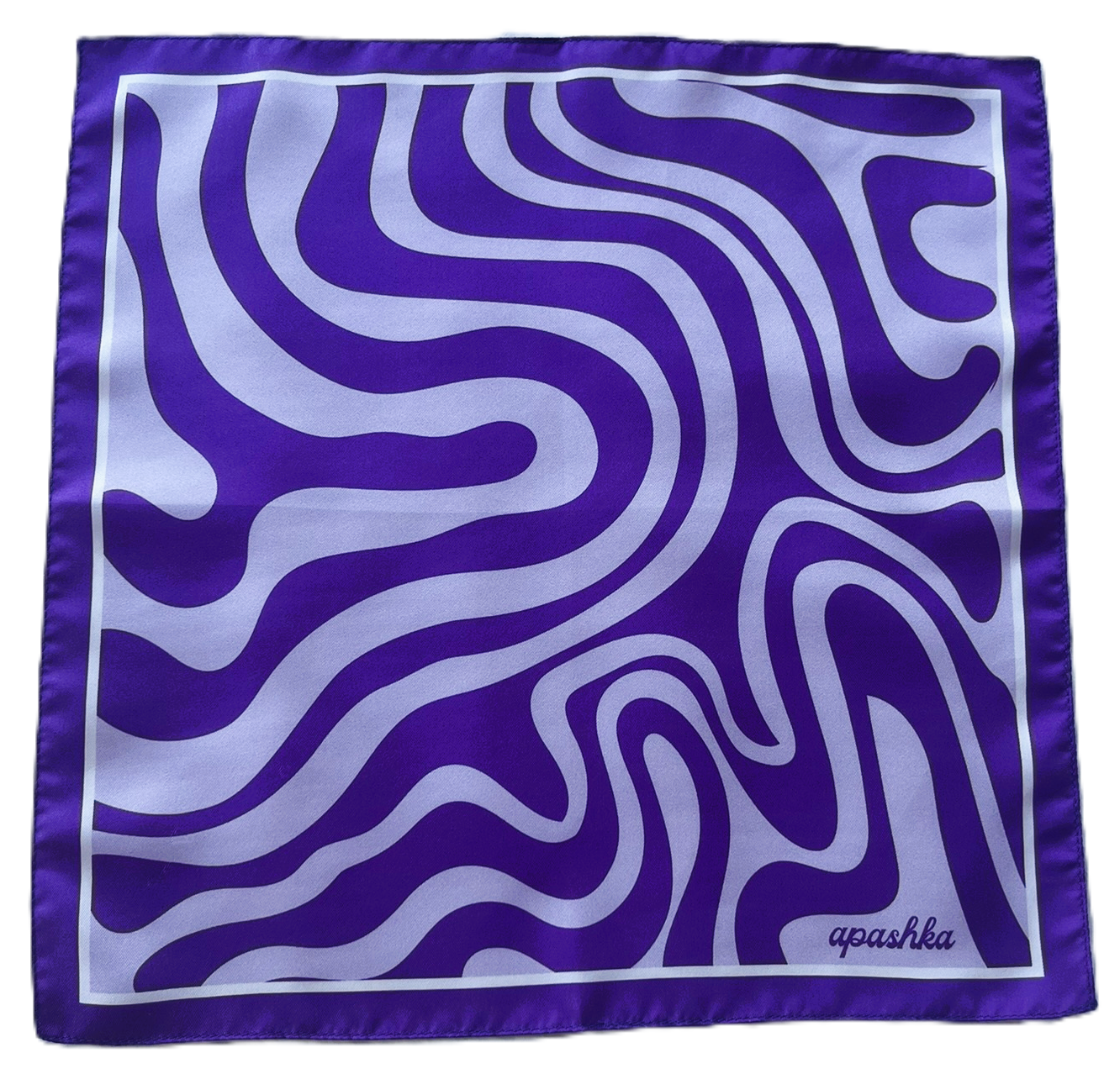 Flat, full-view layout of the apashka Acid Wave square silk scarf, displaying its trippy purple and lavender swirling wave pattern, solid border, and cursive brand logo in the corner.