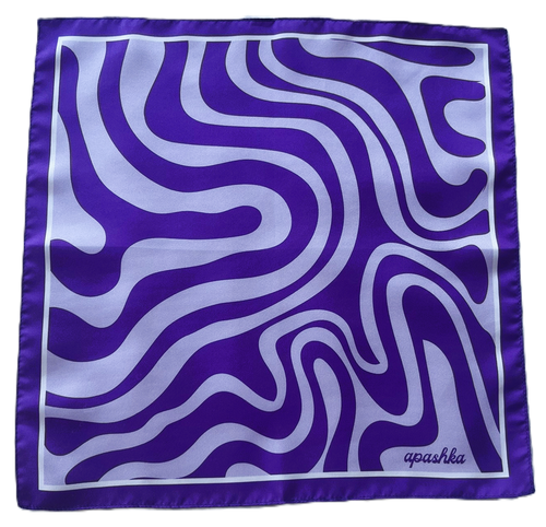 Flat, full-view layout of the apashka Acid Wave square silk scarf, displaying its trippy purple and lavender swirling wave pattern, solid border, and cursive brand logo in the corner.