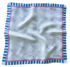 A flat lay view of the apashka Apashka Marina silk bandana laid out fully to show the complete fish pattern and striped border.