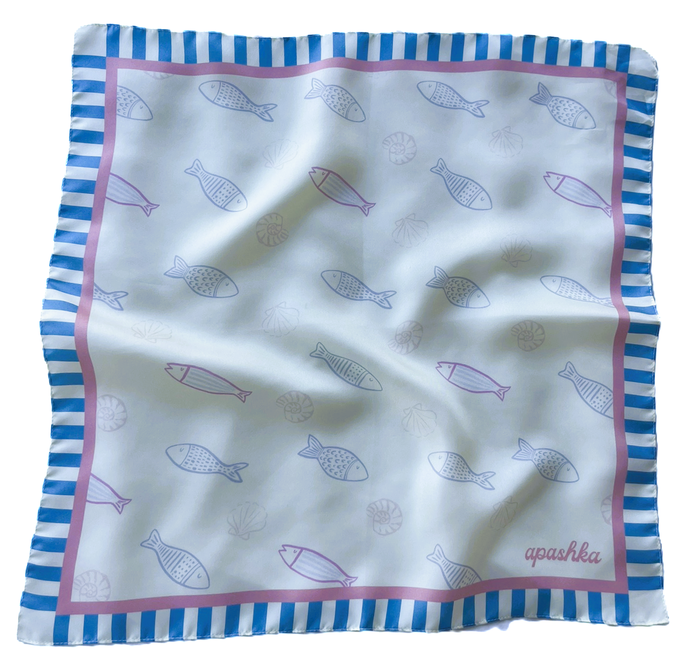 A flat lay view of the apashka Apashka Marina silk bandana laid out fully to show the complete fish pattern and striped border.
