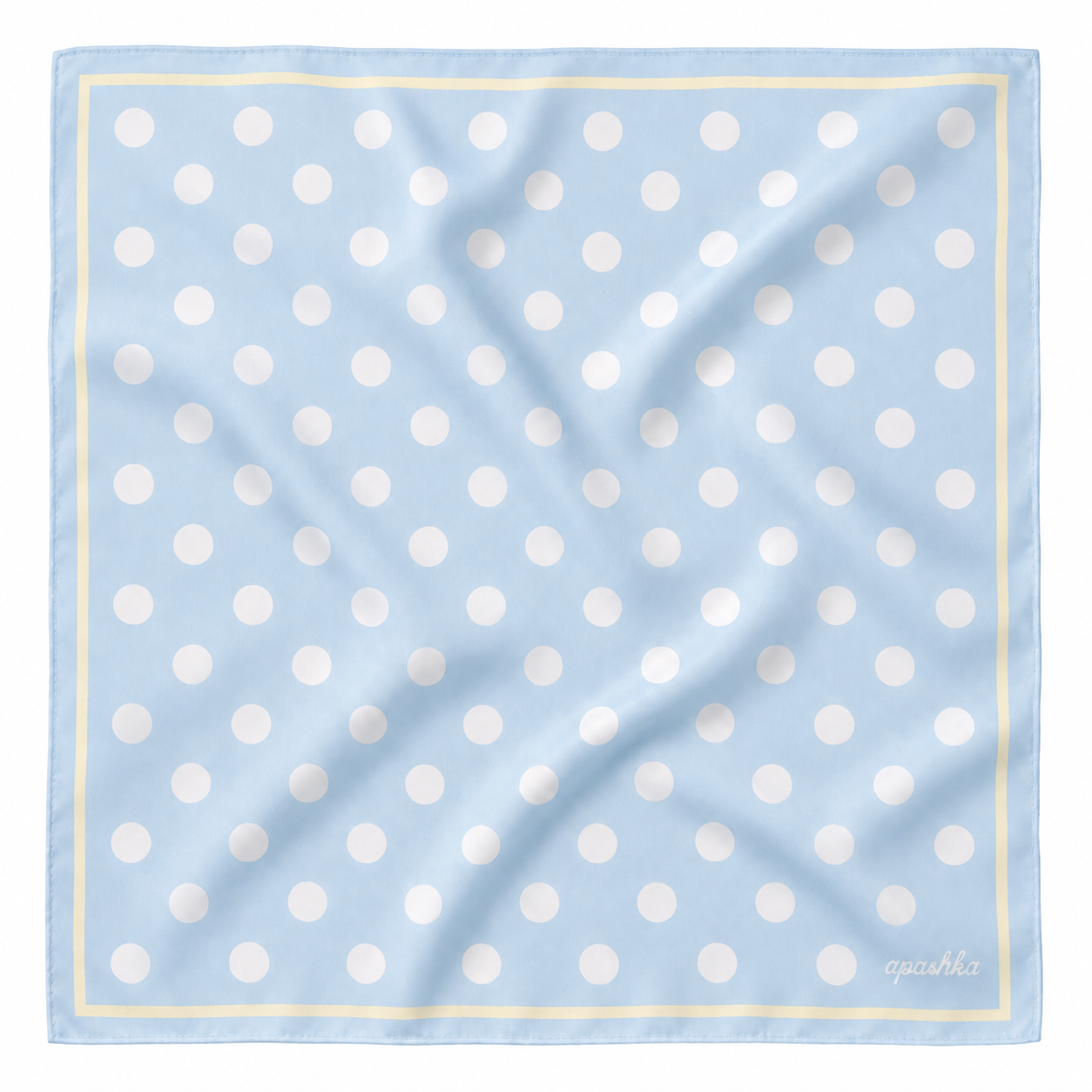 apashka Bubble-Pop Blu 100% silk twill 45x45 cm bandana featuring a light blue background with white polka dots and a pastel yellow double-border frame.