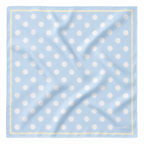 apashka Bubble-Pop Blu 100% silk twill 45x45 cm bandana featuring a light blue background with white polka dots and a pastel yellow double-border frame.
