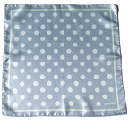 Flat full-view layout of the apashka Bubble-Pop Blu square silk scarf, displaying the symmetrical white polka dot grid pattern on light blue with a pale yellow frame and cursive logo.