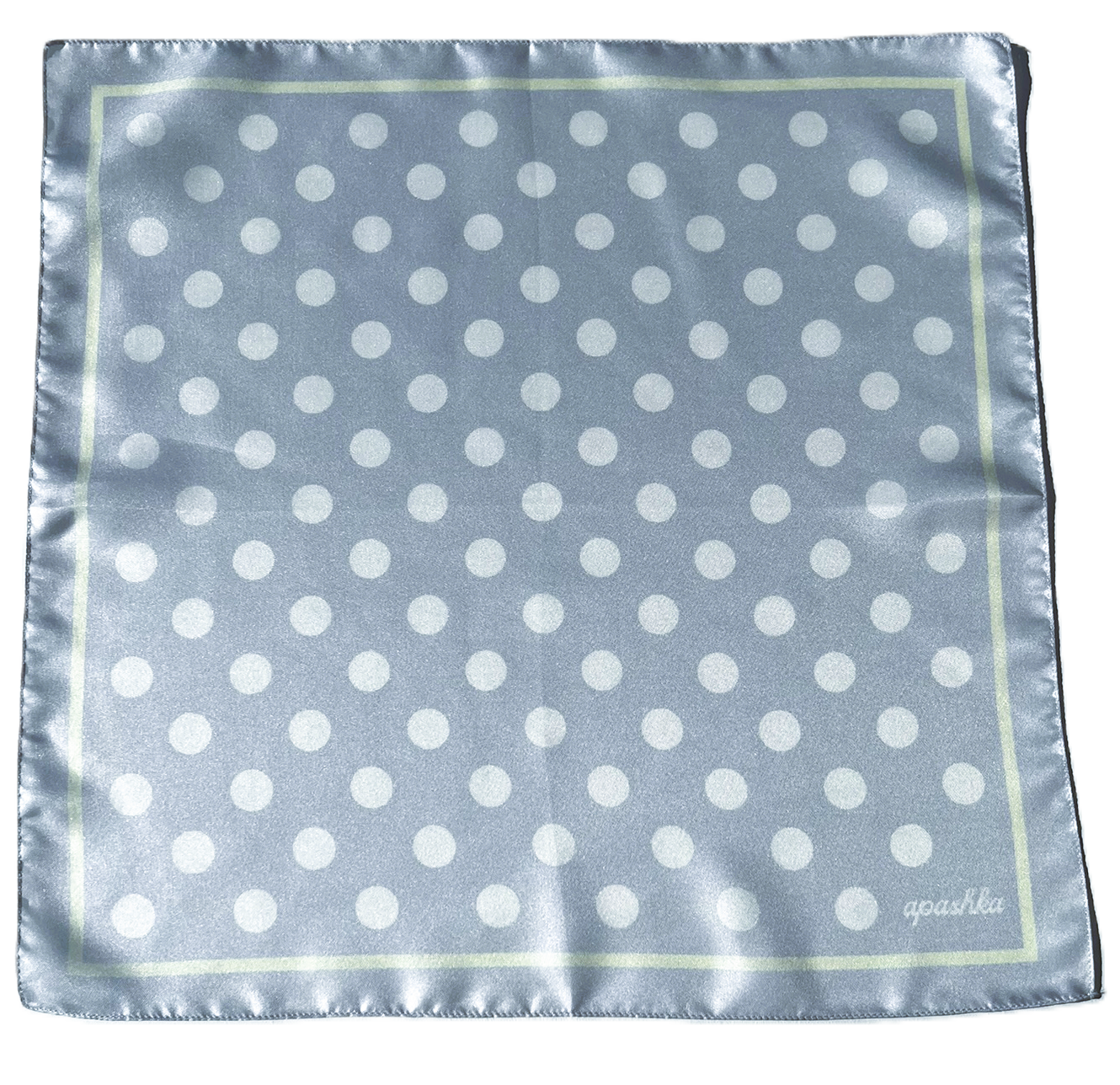 Flat full-view layout of the apashka Bubble-Pop Blu square silk scarf, displaying the symmetrical white polka dot grid pattern on light blue with a pale yellow frame and cursive logo.
