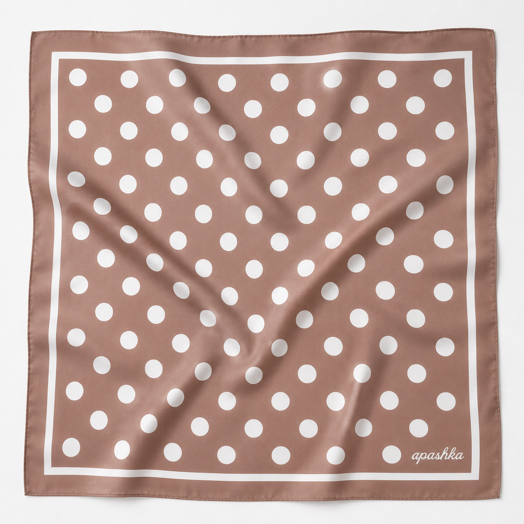apashka Bubble-Pop Mocha 100% silk twill 45x45 cm bandana featuring a rich mocha brown background with crisp white polka dots and a clean white double-border frame.