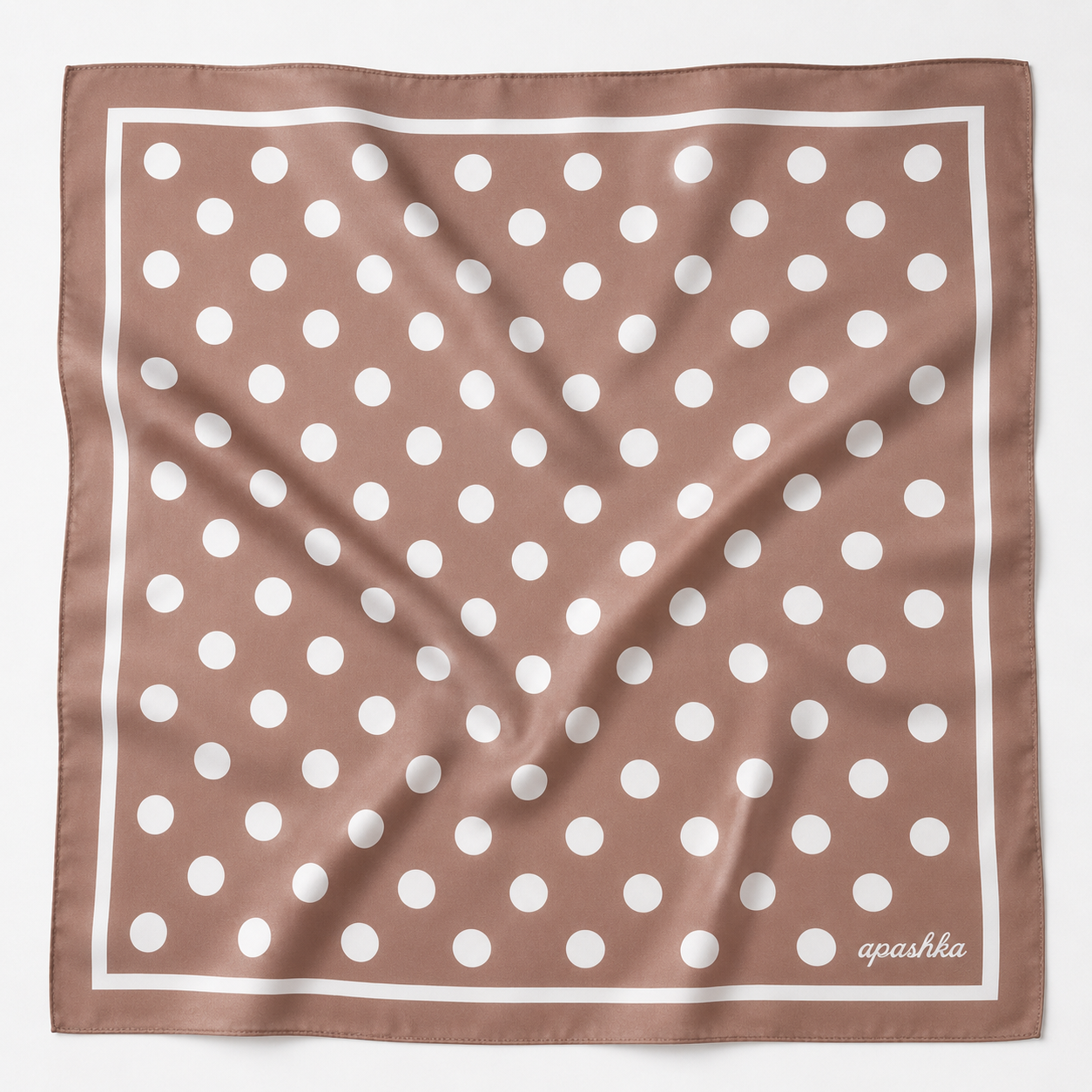 apashka Bubble-Pop Mocha 100% silk twill 45x45 cm bandana featuring a rich mocha brown background with crisp white polka dots and a clean white double-border frame.