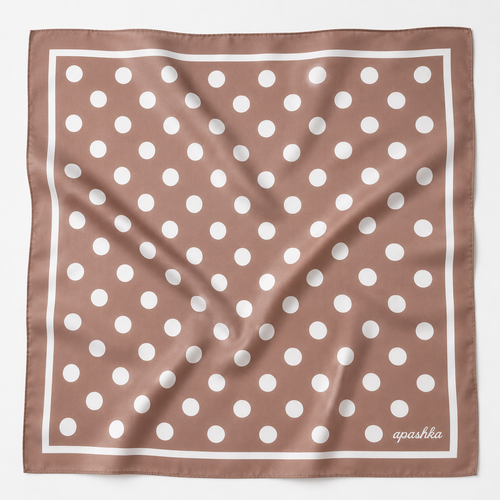 apashka Bubble-Pop Mocha 100% silk twill 45x45 cm bandana featuring a rich mocha brown background with crisp white polka dots and a clean white double-border frame.
