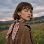 A model wearing the apashka Bubble-Pop Mocha 100% silk bandana tied elegantly around her neck as a neckerchief, styled with a brown trench coat against an outdoor field landscape.