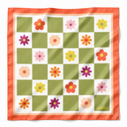 apashka Checkmate Bloom 100% silk twill 45x45 cm bandana featuring a green and white checkerboard pattern with colorful retro flowers and a coral orange border.