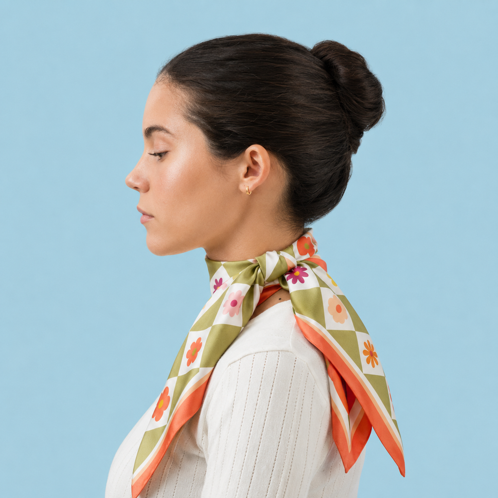 Profile view of a model styling the apashka Checkmate Bloom silk scarf tied elegantly around her neck, showcasing its retro olive green and cream checkered floral pattern and orange border, set against a solid light blue background.