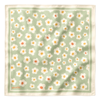 apashka Daisy Daze 100% silk twill 45x45 cm bandana featuring a soft sage green background with retro white and yellow daisies and a cream double-border frame.