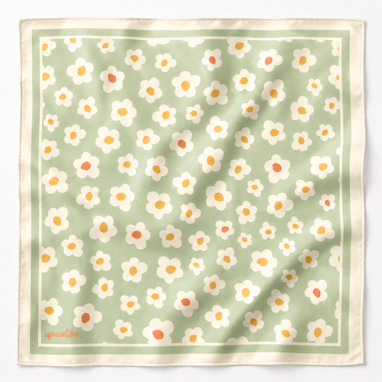 apashka Daisy Daze 100% silk twill 45x45 cm bandana featuring a soft sage green background with retro white and yellow daisies and a cream double-border frame.