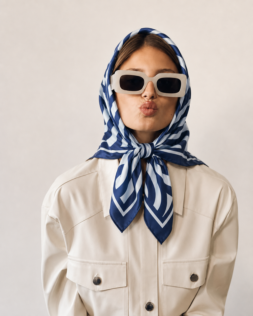 Model wearing apashka Disco Waves navy blue silk foulardas a headscarf tied under the chin, styled with retro cream sunglasses and a leather jacket.