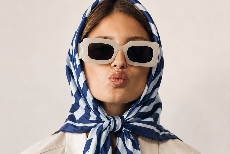Model wearing apashka Disco Waves navy blue silk foulardas a headscarf tied under the chin, styled with retro cream sunglasses and a leather jacket.