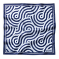 apashka Disco Waves 100% silk twill 70x70 cm foulard featuring a navy blue and white hypnotic wavy concentric circle pattern with a navy border.