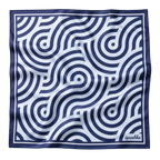 apashka Disco Waves 100% silk twill 70x70 cm foulard featuring a navy blue and white hypnotic wavy concentric circle pattern with a navy border.