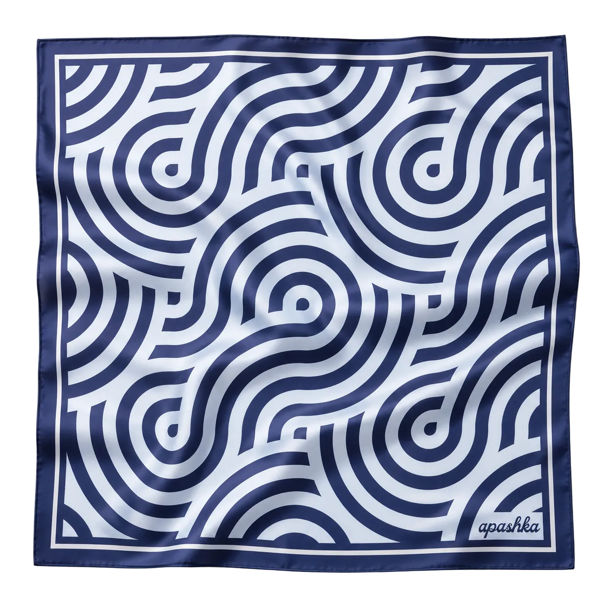 apashka Disco Waves 100% silk twill 70x70 cm foulard featuring a navy blue and white hypnotic wavy concentric circle pattern with a navy border.