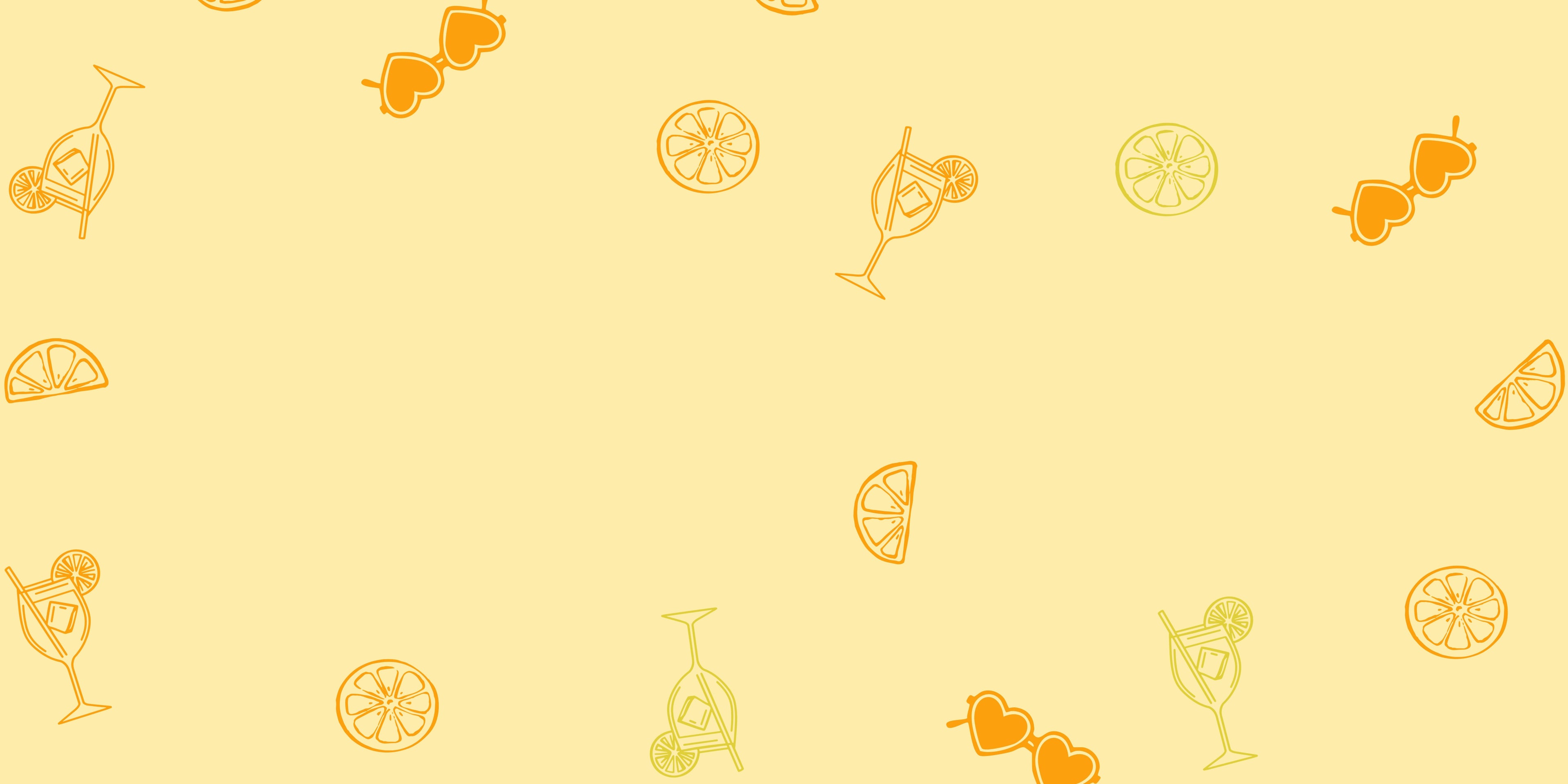 A repeating pattern of orange and yellow cocktail glasses, citrus slices, and heart-shaped drinks on a pale yellow background.