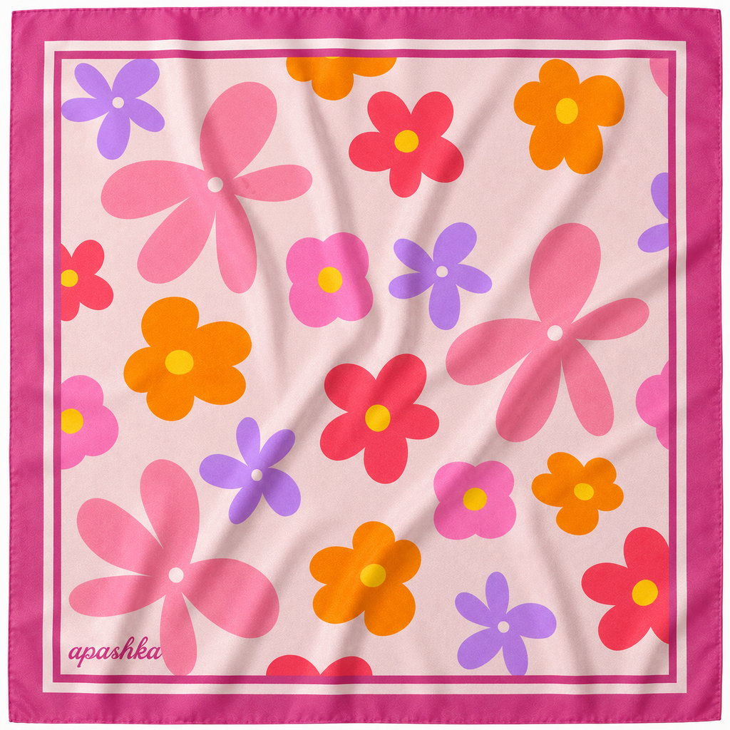 apashka Fiori Fuori 100% silk twill 45x45 cm bandana featuring a light pink retro floral pattern with purple and orange flowers and a magenta border.