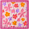 apashka Fiori Fuori 100% silk twill 45x45 cm bandana featuring a light pink retro floral pattern with purple and orange flowers and a magenta border.