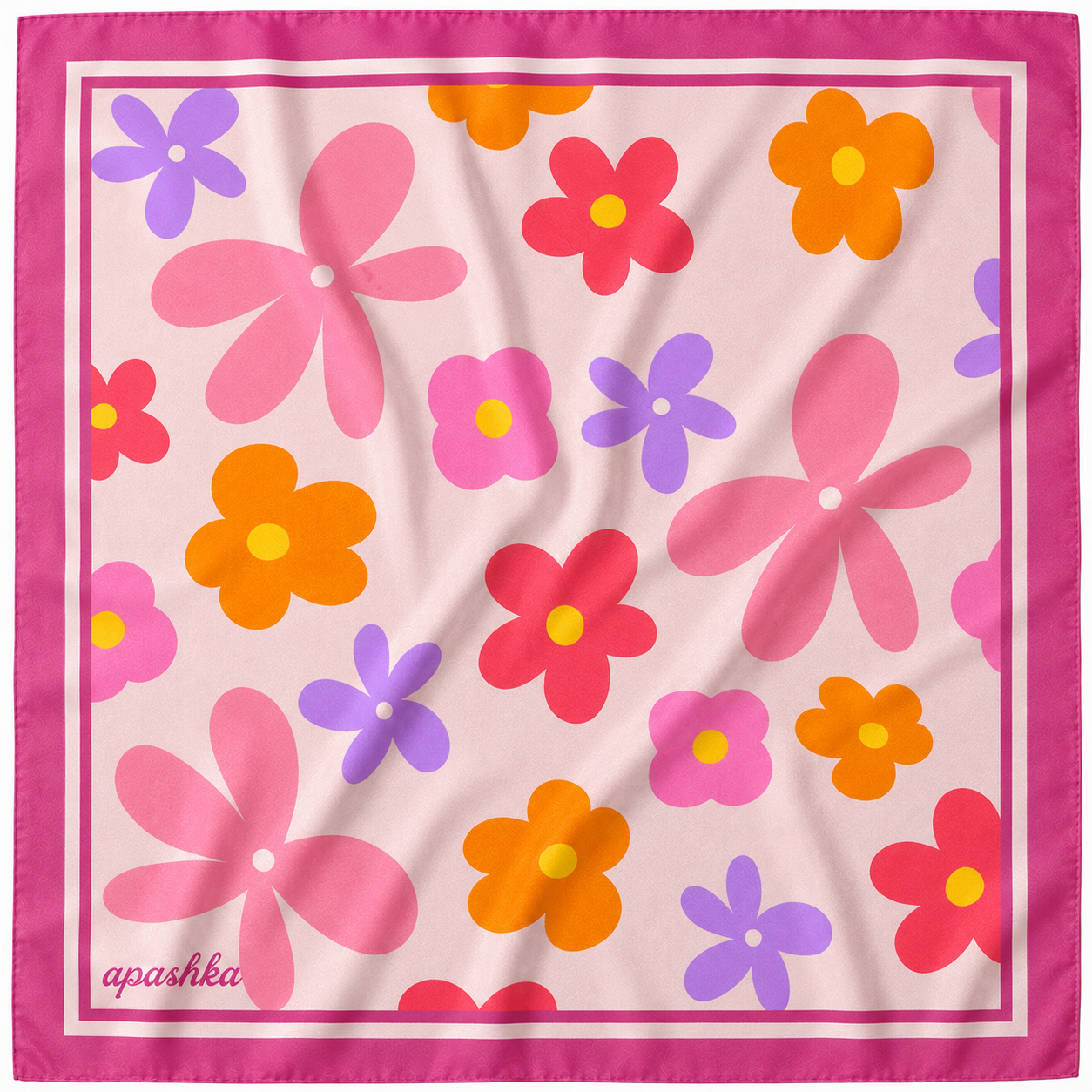 apashka Fiori Fuori 100% silk twill 45x45 cm bandana featuring a light pink retro floral pattern with purple and orange flowers and a magenta border.
