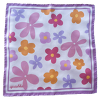 A flat lay view of the apashka Fiori Fuori silk bandana showing the complete retro floral pattern and lilac border frame.