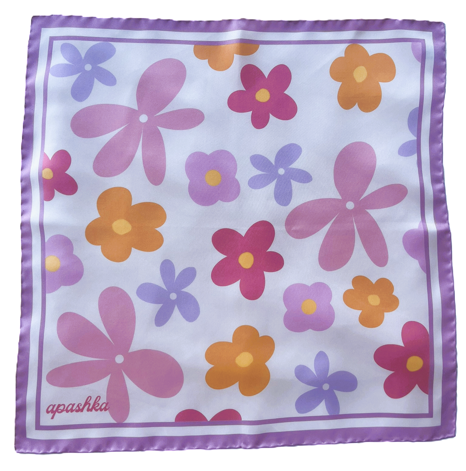 A flat lay view of the apashka Fiori Fuori silk bandana showing the complete retro floral pattern and lilac border frame.
