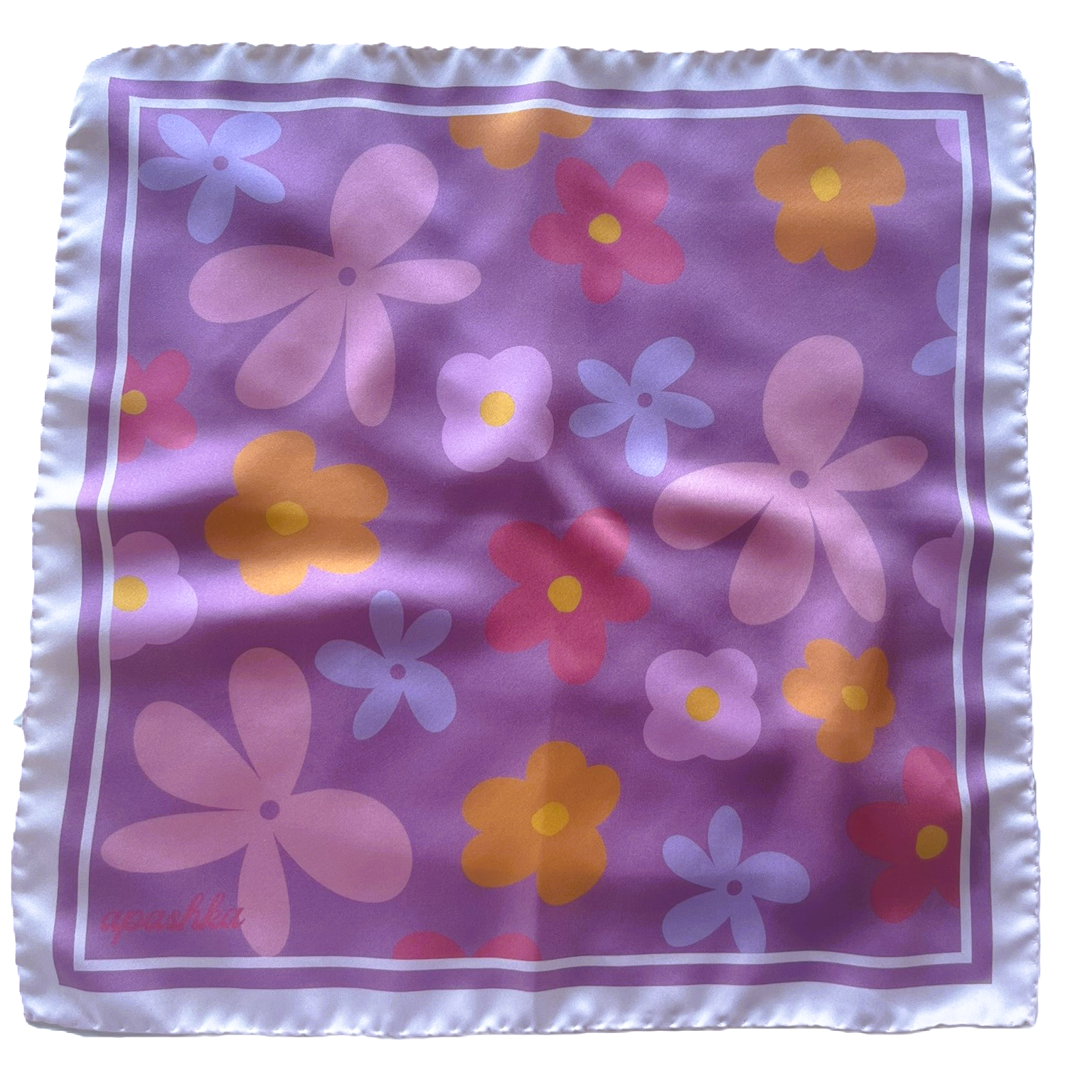 A flat lay view of the apashka Fiori Fuori silk bandana showing the complete retro floral pattern on lavender bckground and lilac cream white frame.