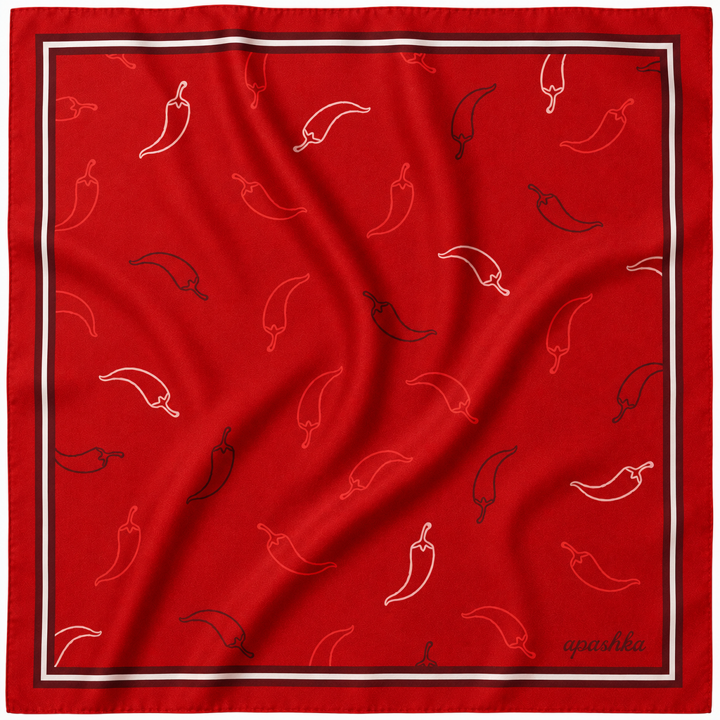 apashka Red Hot Chili 100% silk twill 45x45 cm bandana featuring a rich crimson red background with a playful hand-drawn chili pepper pattern and a white double-border frame.