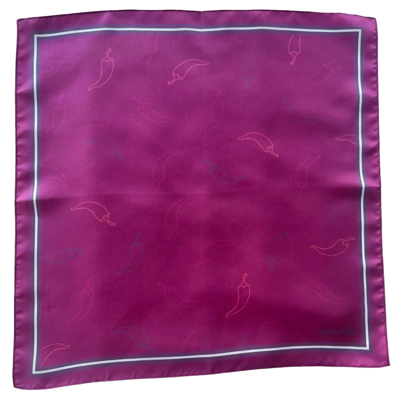 Red Hot Chili Apashka 100% silk twill 45x45 cm bandana in dark magenta colour featuring a crimson background with chili peppers and a double border.