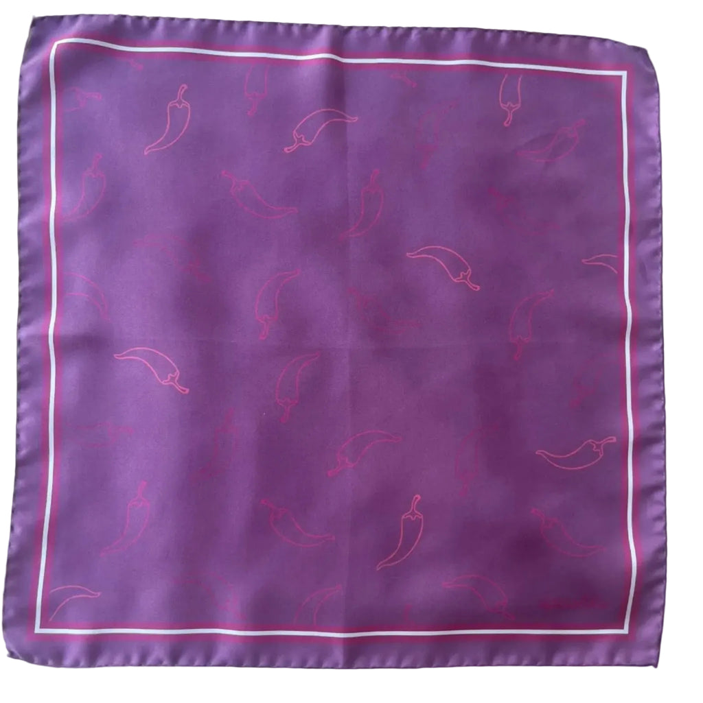 Red Hot Chili Apashka 100% silk twill 45x45 cm bandana in plum purple colour featuring a crimson background with chili peppers and a double border.