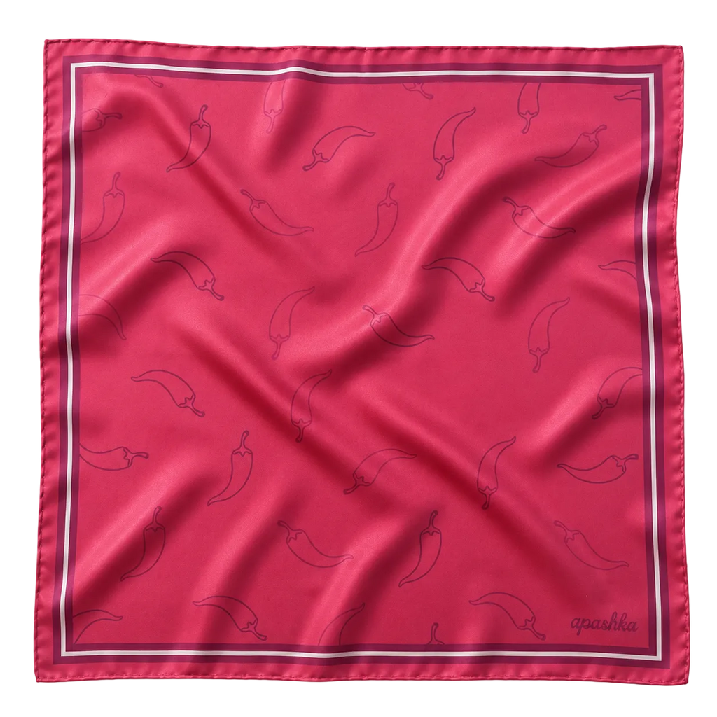 Red Hot Chili Apashka 100% silk twill 45x45 cm bandana in pale red colour featuring a crimson background with chili peppers and a double border.