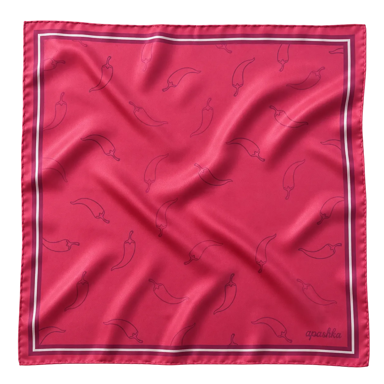 Red Hot Chili Apashka 100% silk twill 45x45 cm bandana in pale red colour featuring a crimson background with chili peppers and a double border.