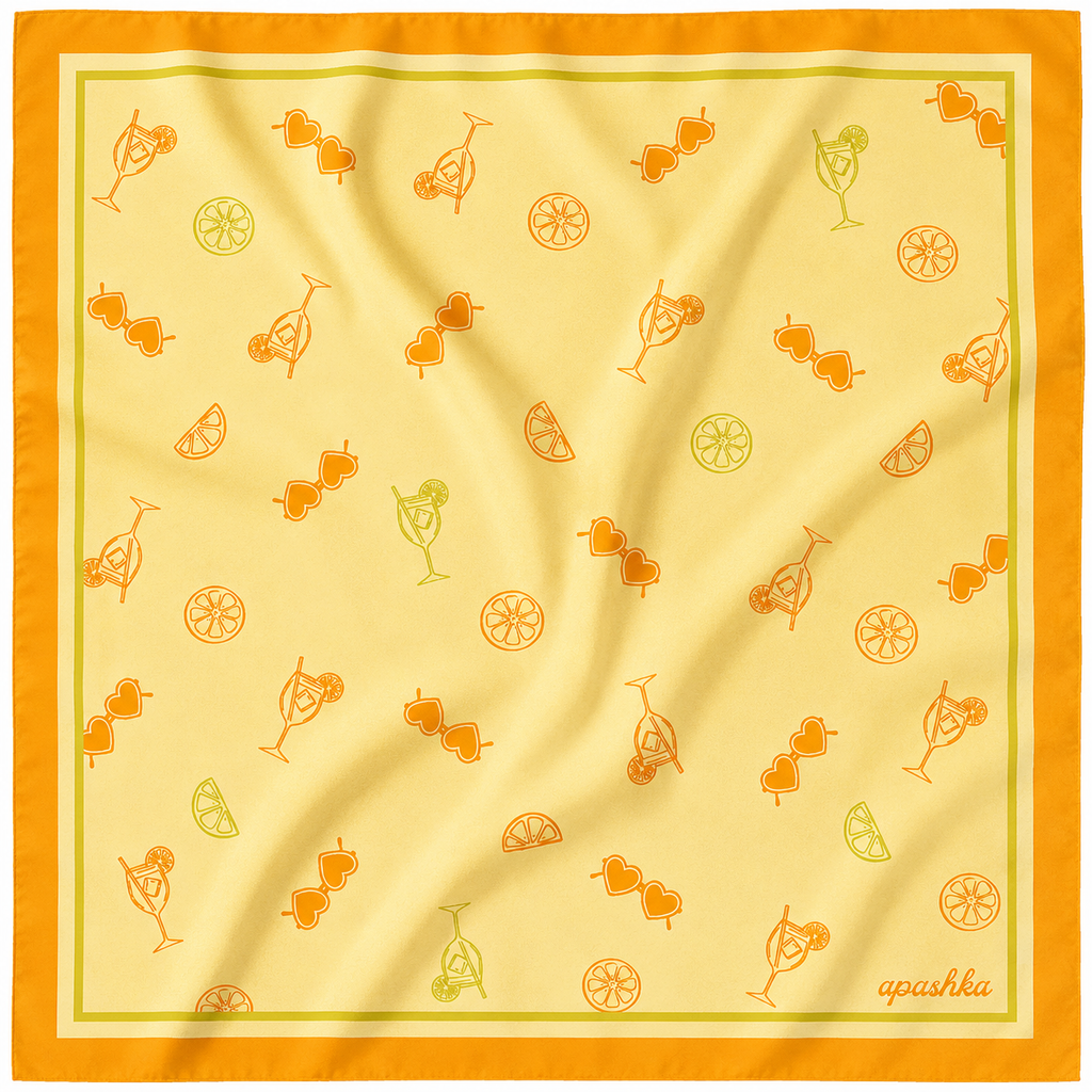 apashka Sole e Spritz 100% silk twill 45x45 cm bandana featuring a yellow background with orange spritz cocktail and citrus patterns and a bold orange border.