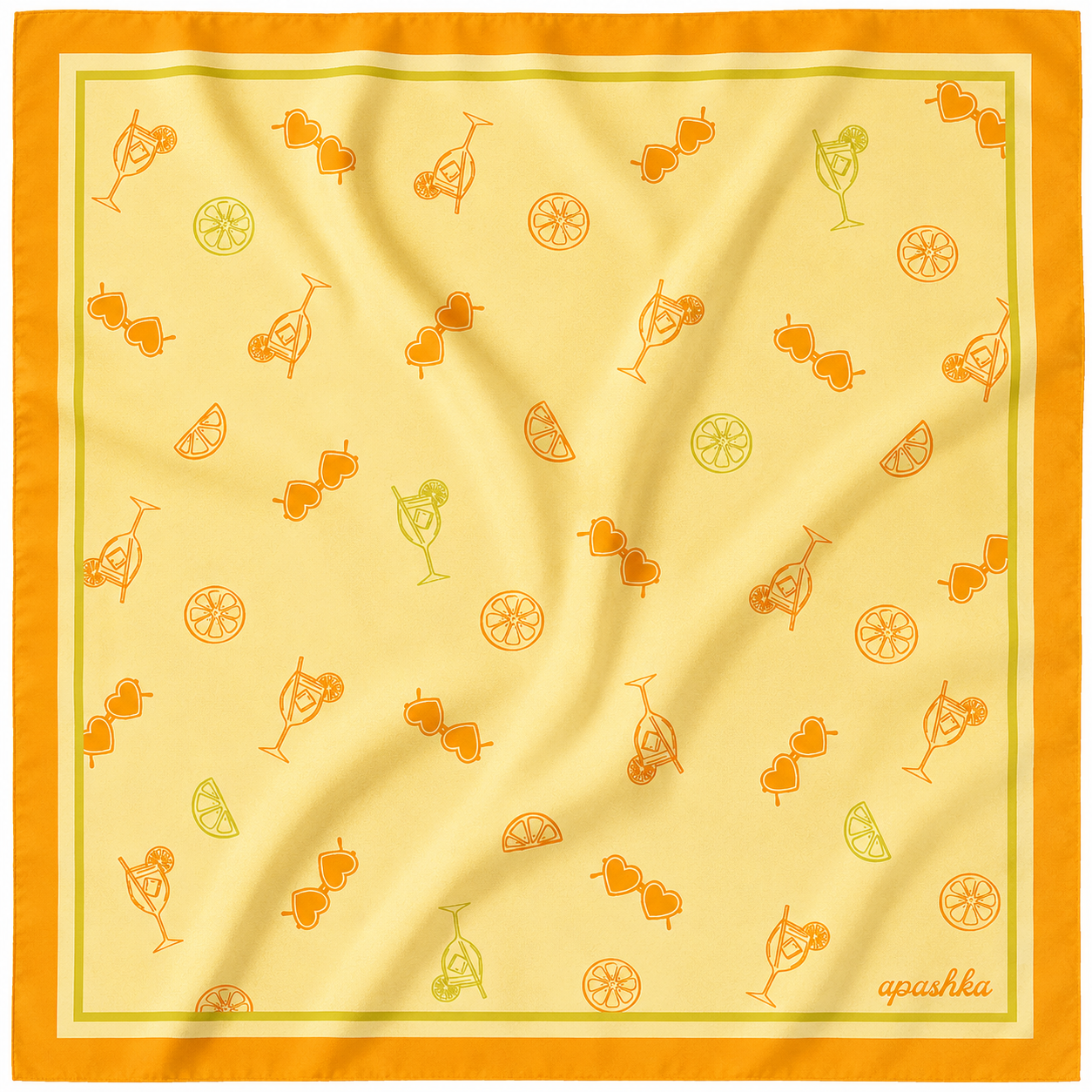 apashka Sole e Spritz 100% silk twill 45x45 cm bandana featuring a yellow background with orange spritz cocktail and citrus patterns and a bold orange border.
