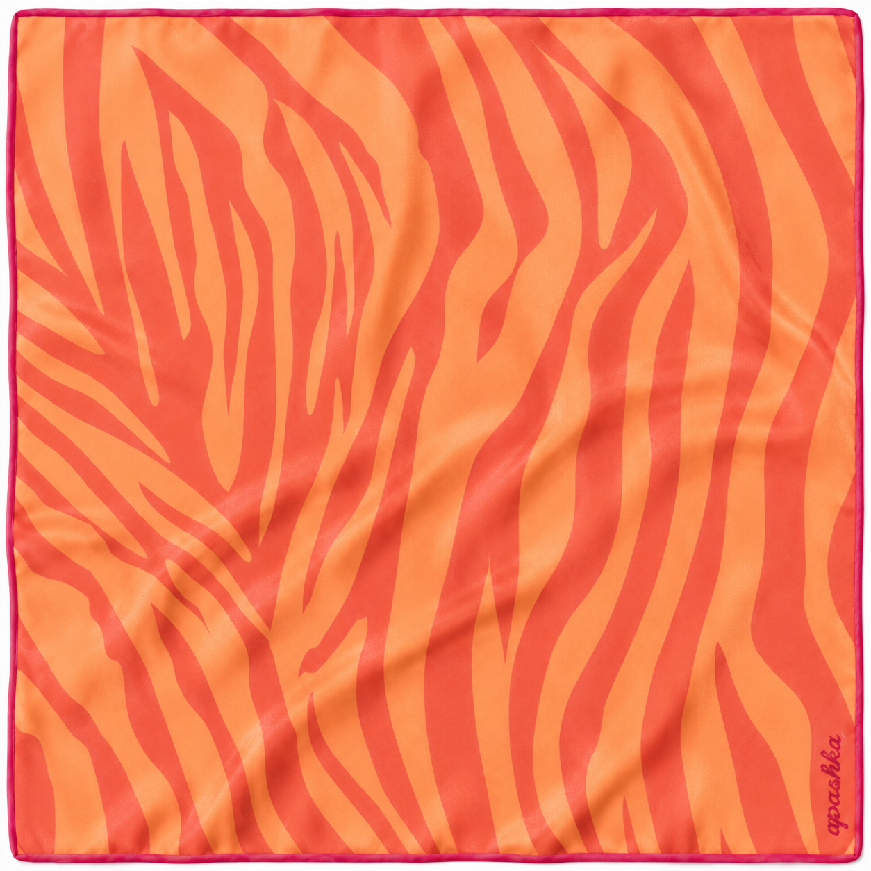 apashka Sunset Safari 100% silk twill 45x45 cm bandana featuring a vibrant orange and neon tangerine zebra print pattern with a hand-rolled hot pink contrast hem.
