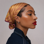 Model wearing apashka Sunset Safari orange zebra silk bandana wrapped as a headscarf, styled with a dark denim jacket