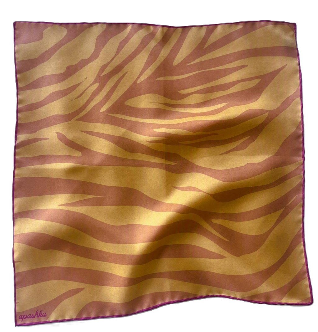 apashka Sunset Safari 100% silk twill 45x45 cm bandana featuring a vibrant orange and neon tangerine zebra print pattern with a hand-rolled hot pink contrast hem.